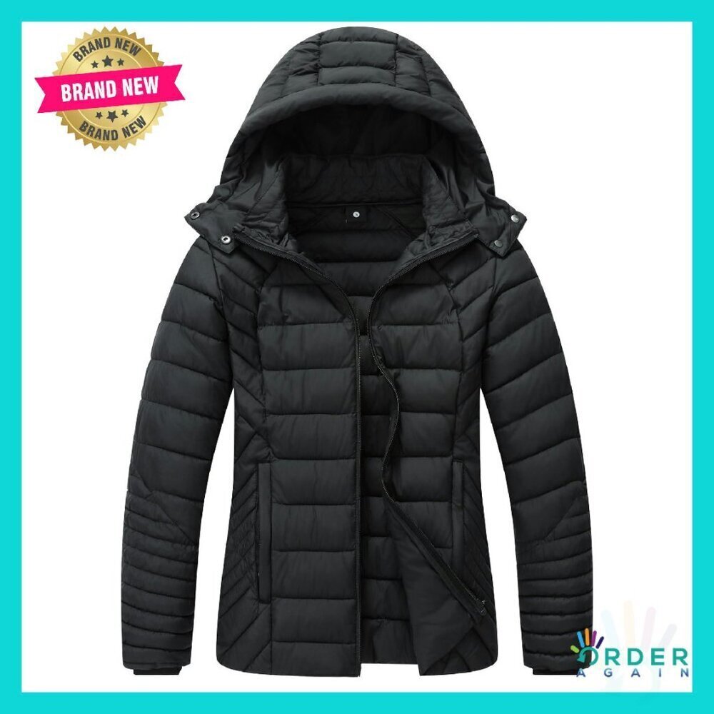 Quilted Down Coat Lightweight Windproof Waterproof Detachable Hood Winter Travel